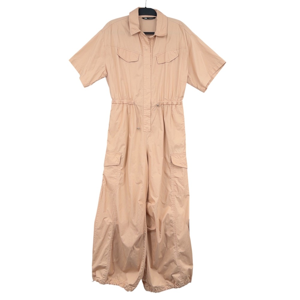 Zara Utility Cargo Jumpsuit Women Medium 100% Cotton Tan Short Sleeve